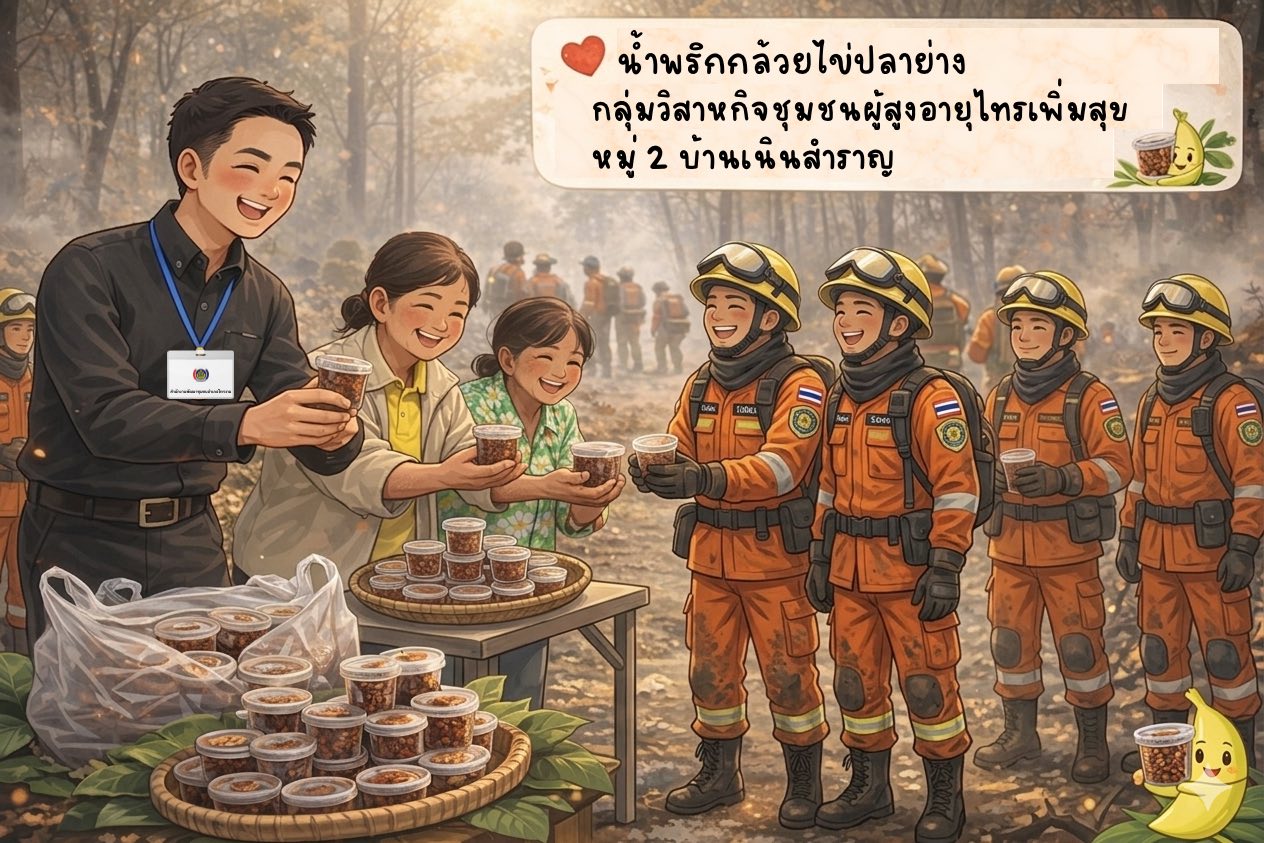 พช.ไทรงาม ขอเป็นสื่อกลางส่งมอบ 'น้ำพริกกล้วยไข่ปลาย่าง' เพื่อเป็นกำลังใจให้เจ้าหน้าที่ดับไฟป่า